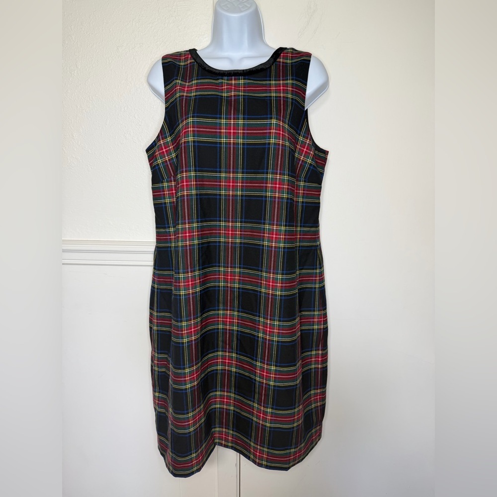 Talbots Black Plaid Sleeveless Midi Dress with Red and Green NWOT size 12 p